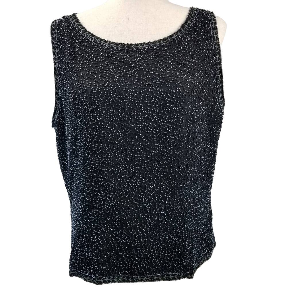 Adrianna Papell SILK Black Beaded Occasion Zip Back Tank Excellent! Size XL